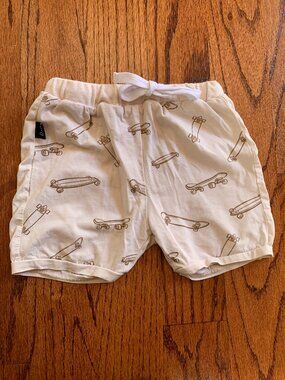 Olive + Scout Skateboard Allover Print Cotton Blend Shorts | Cream Brown | 4T